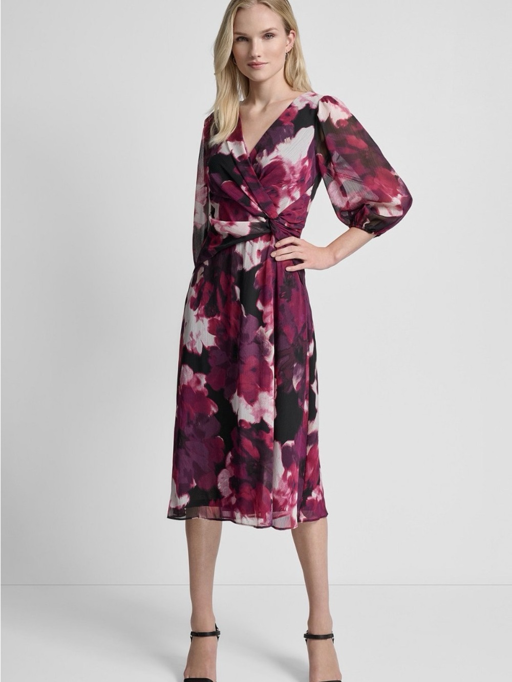 DKNY Plum and Black Floral Wrap Midi Dress